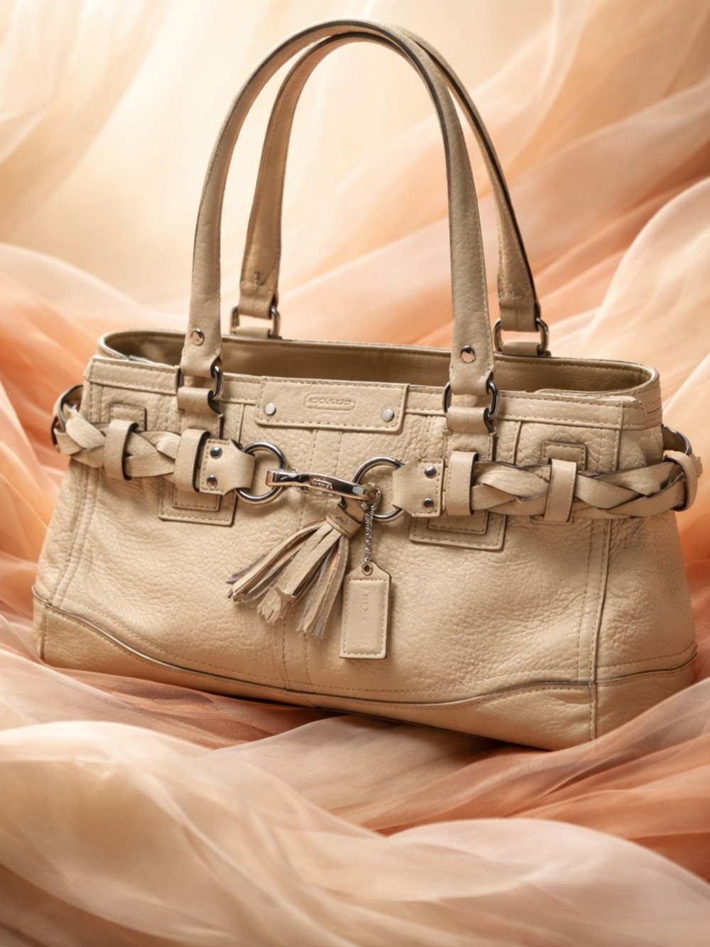 Coach Beige Leather Shoulder Bag with Braided Trim With Wallet